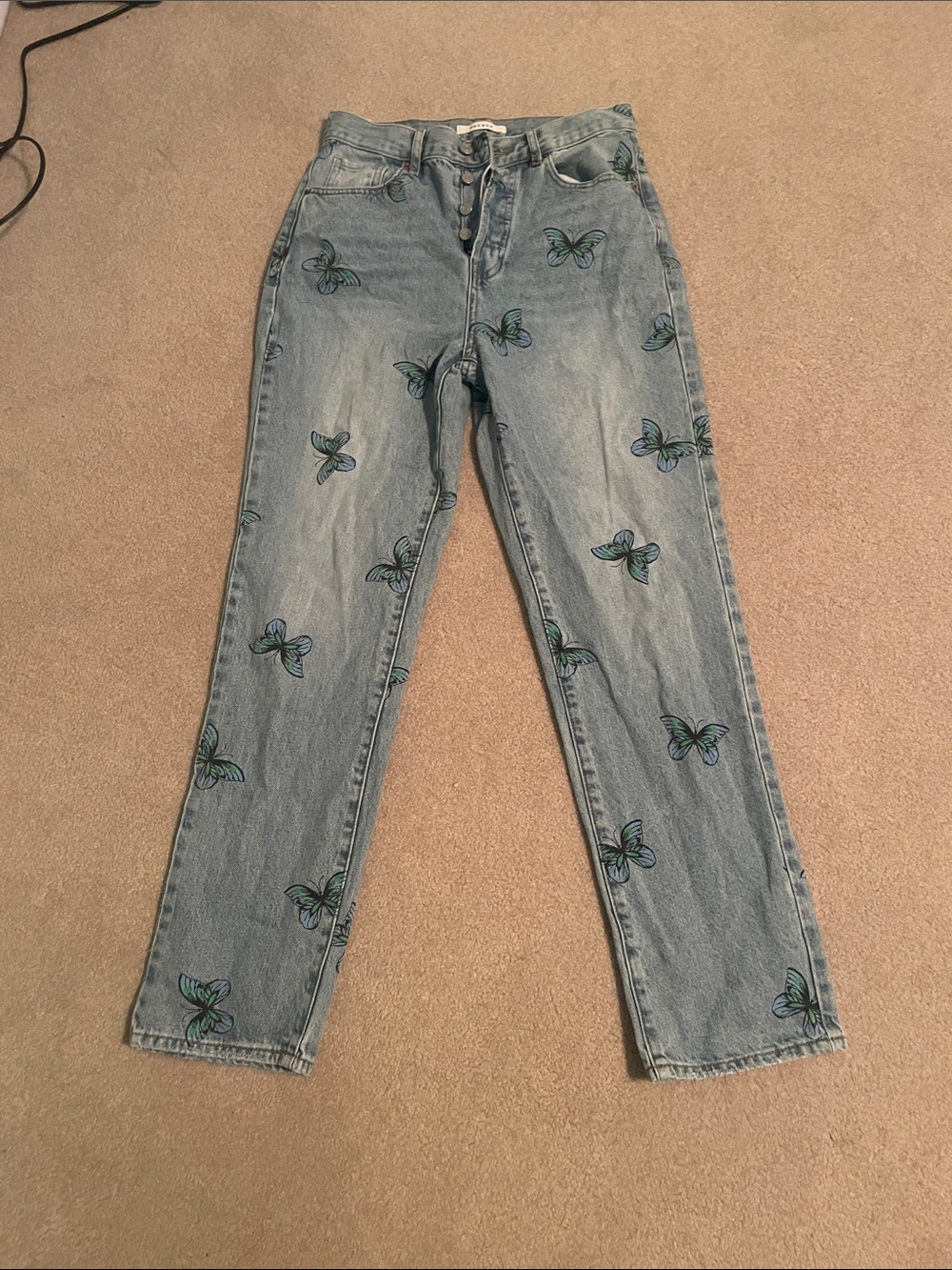 PacSun Light Blue Straight Leg Dad Jeans with Green-Accented Butterfly Print